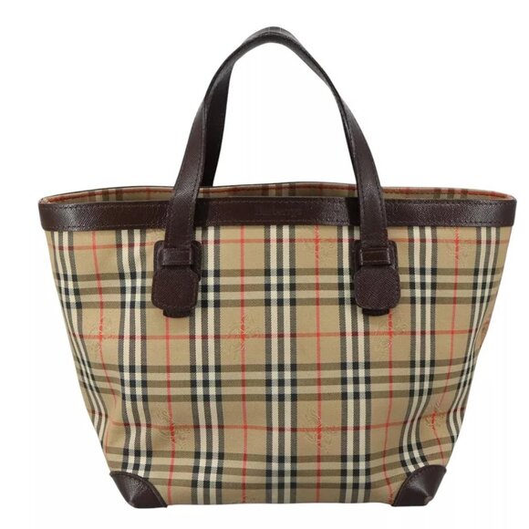 Burberrys Nova Check Hand Bag Canvas Leather Beige Brown Silver Auth - Picture 3 of 15